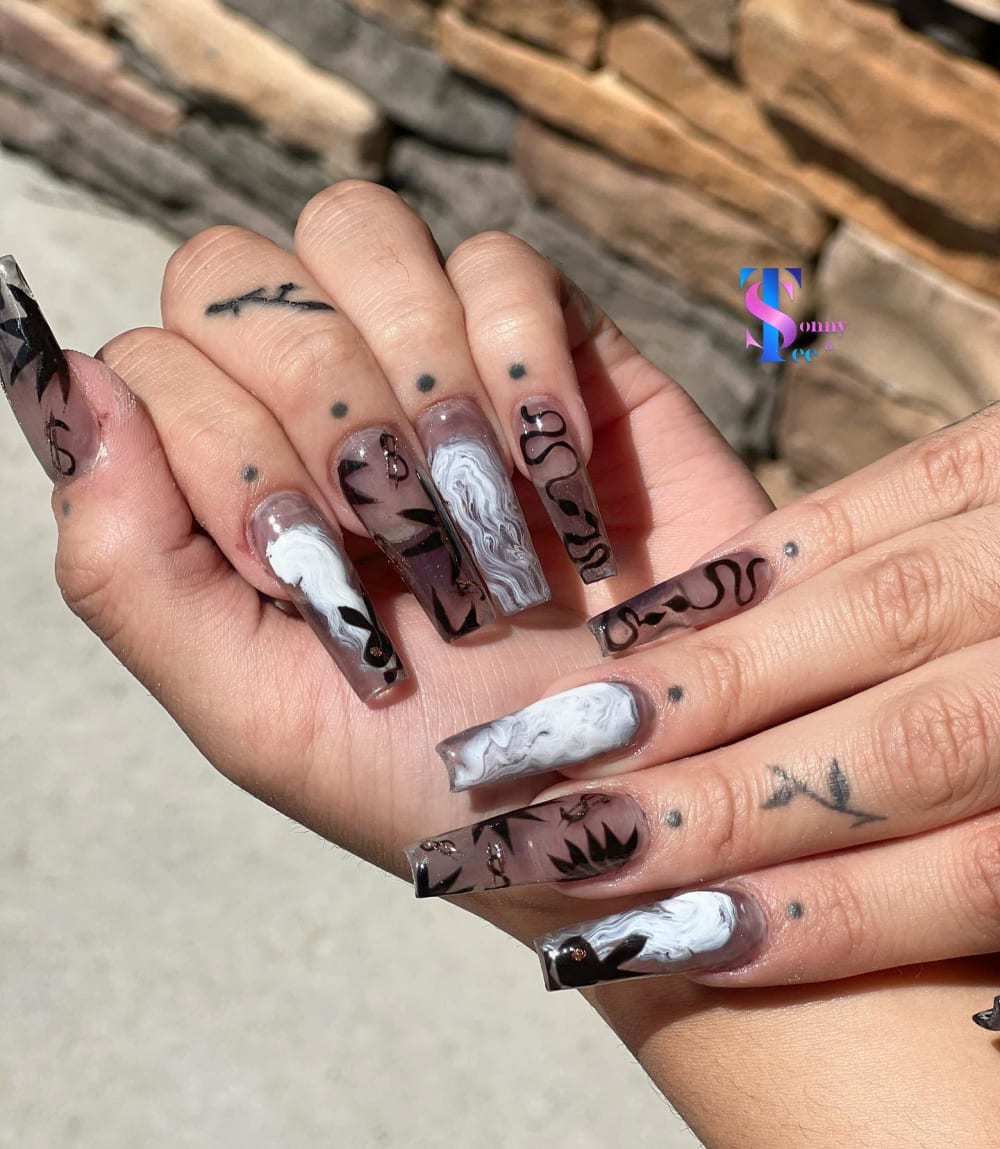 black and white nail art and 3D nails, coffin shape — nail salon in Rome, GA — Sonny & Tee