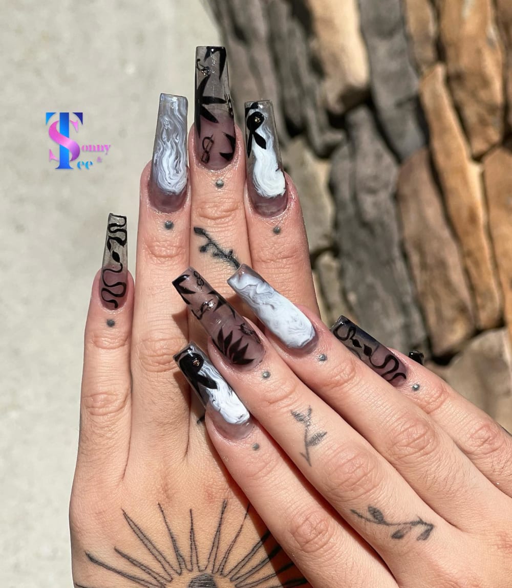 black and white nail art and 3D nails, coffin shape — nail salon in Rome, GA — Sonny & Tee