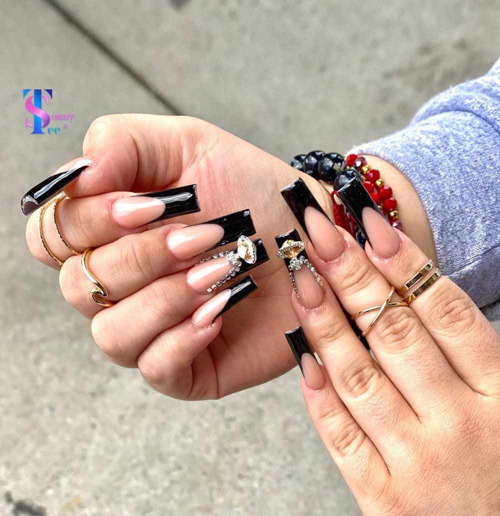 black and nude french and 3D nails, coffin shape — nail salon in Rome, GA — Sonny & Tee