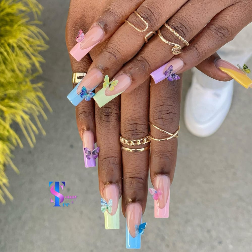 nude and blue french and 3D nails, coffin shape — nail salon in Rome, GA — Sonny & Tee