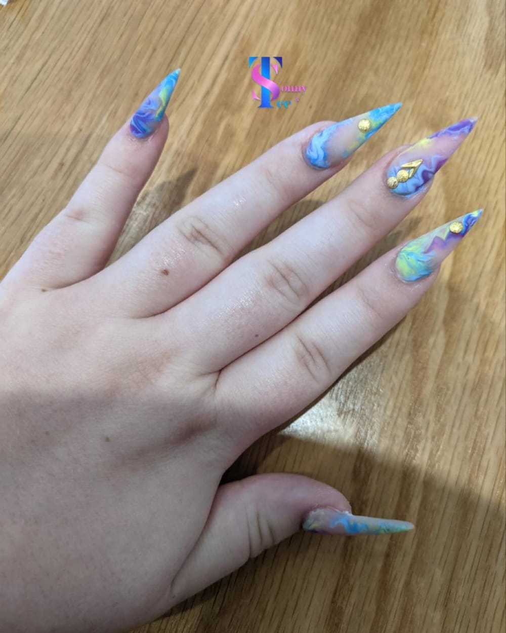 blue and green nail art and ombré nails, stiletto shape — nail salon in Rome, GA — Sonny & Tee
