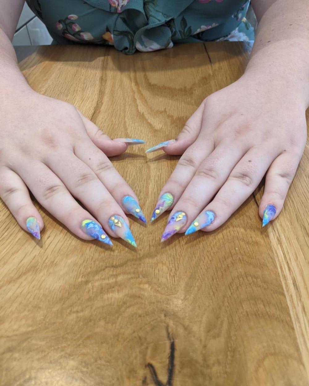 blue and green nail art and ombré nails, stiletto shape — nail salon in Rome, GA — Sonny & Tee