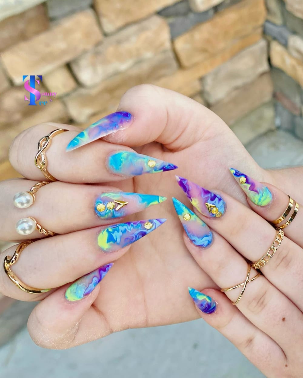 blue and green nail art and ombré nails, stiletto shape — nail salon in Rome, GA — Sonny & Tee