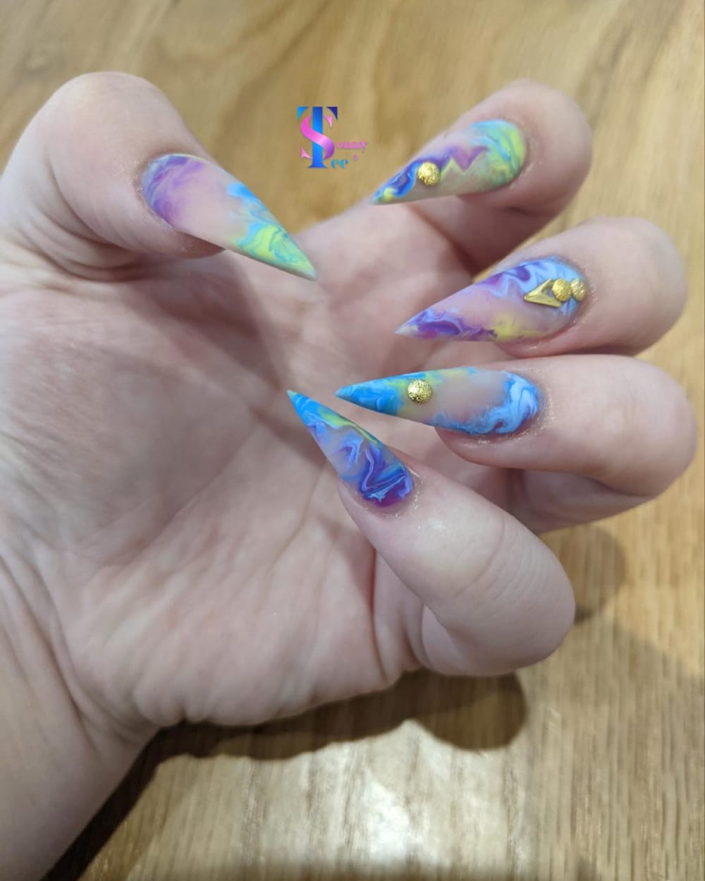 blue and green nail art and ombré nails, stiletto shape — nail salon in Rome, GA — Sonny & Tee