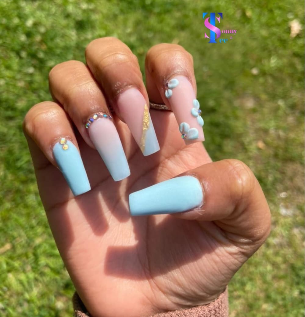 blue and white 3D and glitter nails, coffin shape — nail salon in Rome, GA — Sonny & Tee