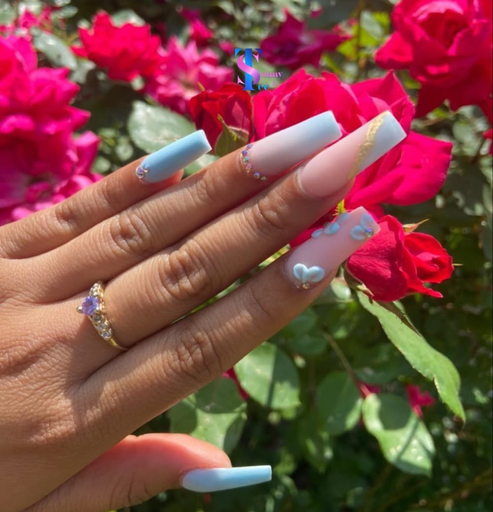 blue and white 3D and glitter nails, coffin shape — nail salon in Rome, GA — Sonny & Tee