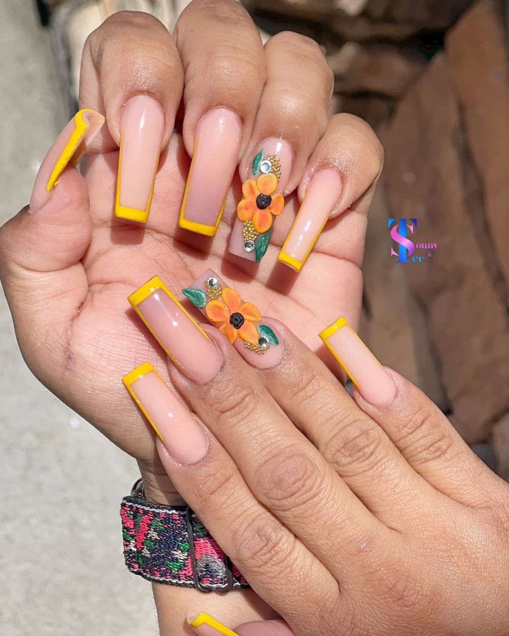 nude and gold french and 3D nails, coffin shape — nail salon in Rome, GA — Sonny & Tee