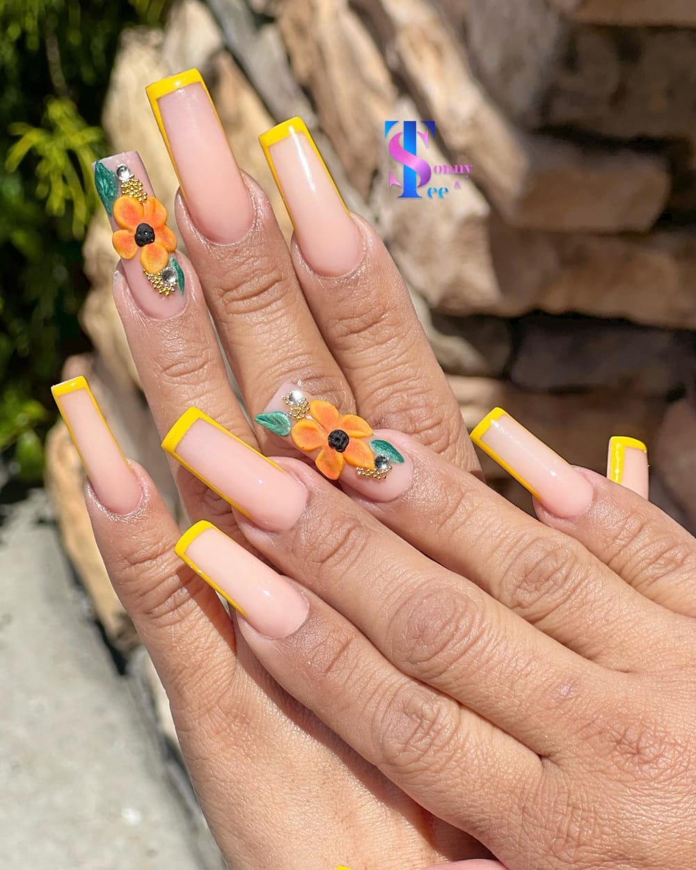nude and gold french and 3D nails, coffin shape — nail salon in Rome, GA — Sonny & Tee