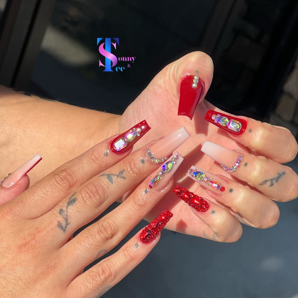 red and nude 3D and glitter nails, coffin shape — nail salon in Rome, GA — Sonny & Tee