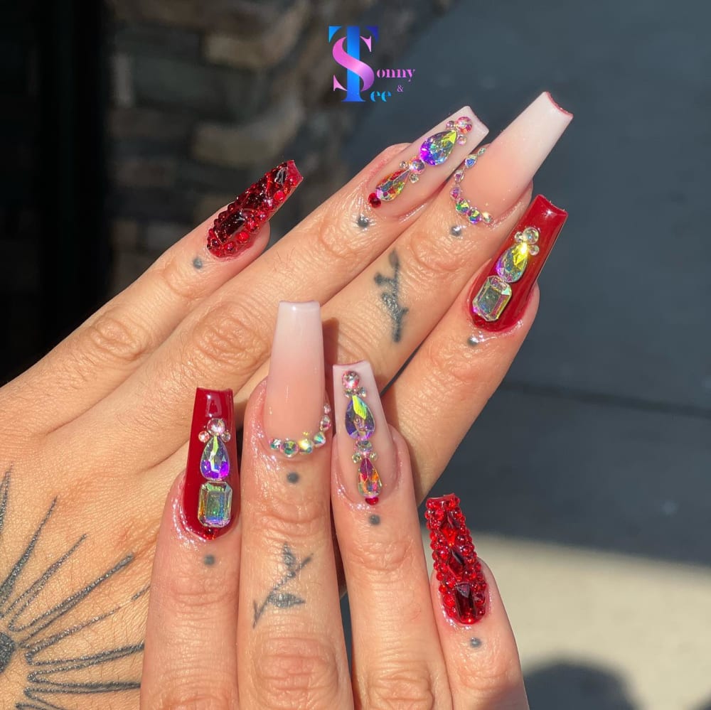 red and nude 3D and glitter nails, coffin shape — nail salon in Rome, GA — Sonny & Tee