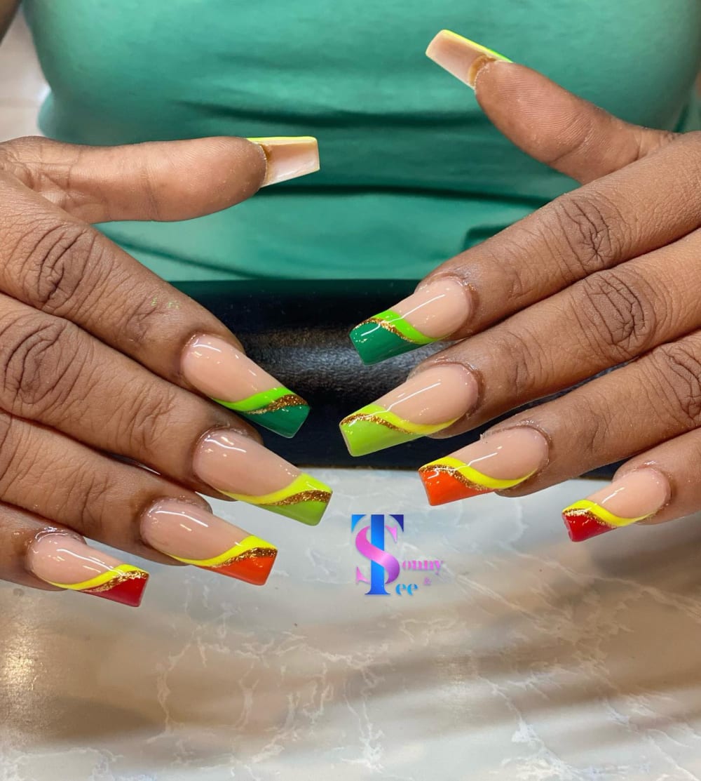 green and nude french, nail art and glitter nails, coffin shape — nail salon in Rome, GA — Sonny & Tee