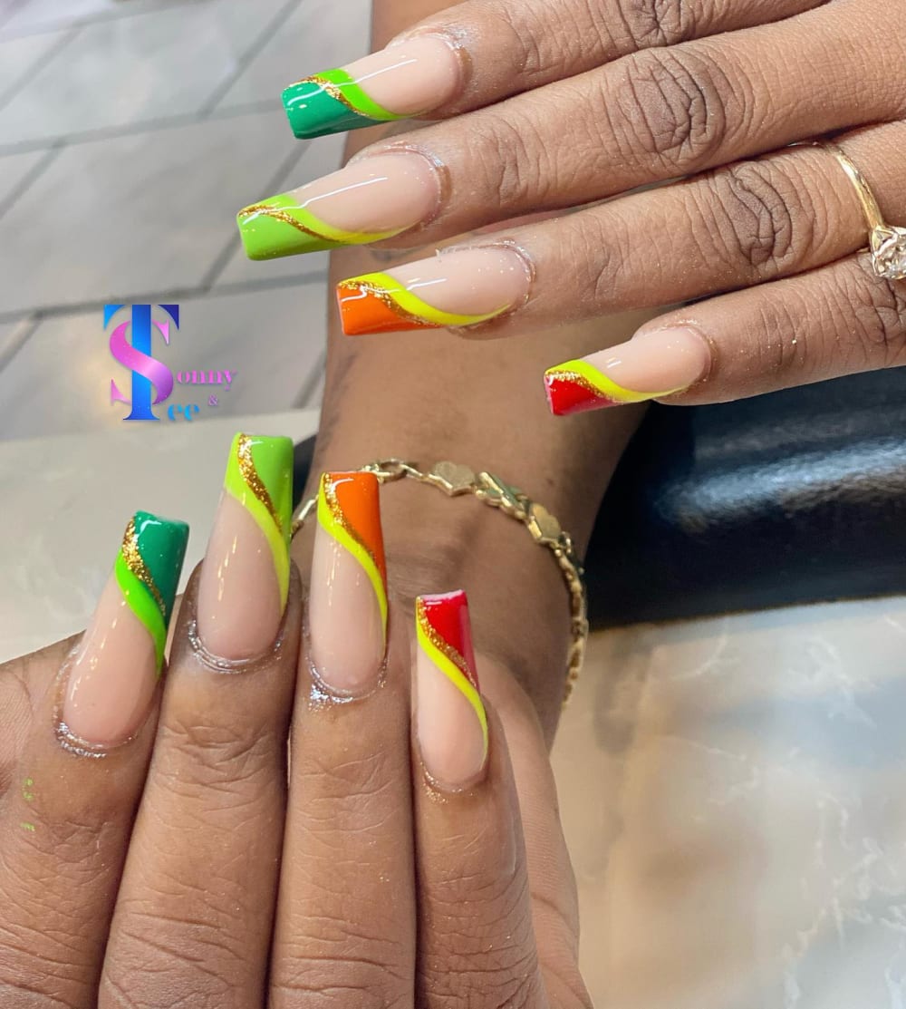 green and nude french, nail art and glitter nails, coffin shape — nail salon in Rome, GA — Sonny & Tee