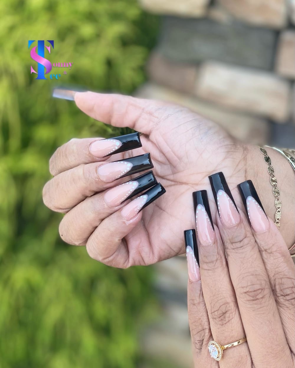 black and nude french and nail art nails, coffin shape — nail salon in Rome, GA — Sonny & Tee