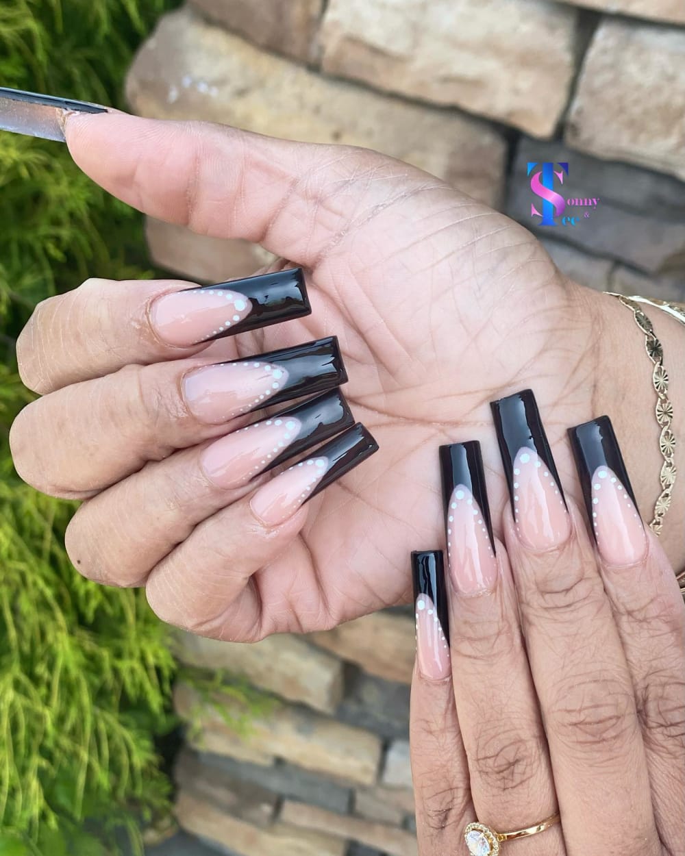 black and nude french and nail art nails, coffin shape — nail salon in Rome, GA — Sonny & Tee