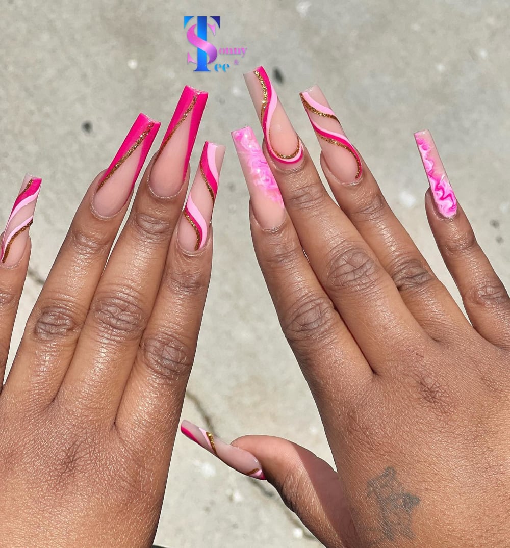 pink and nude nail art nails, coffin shape — nail salon in Rome, GA — Sonny & Tee