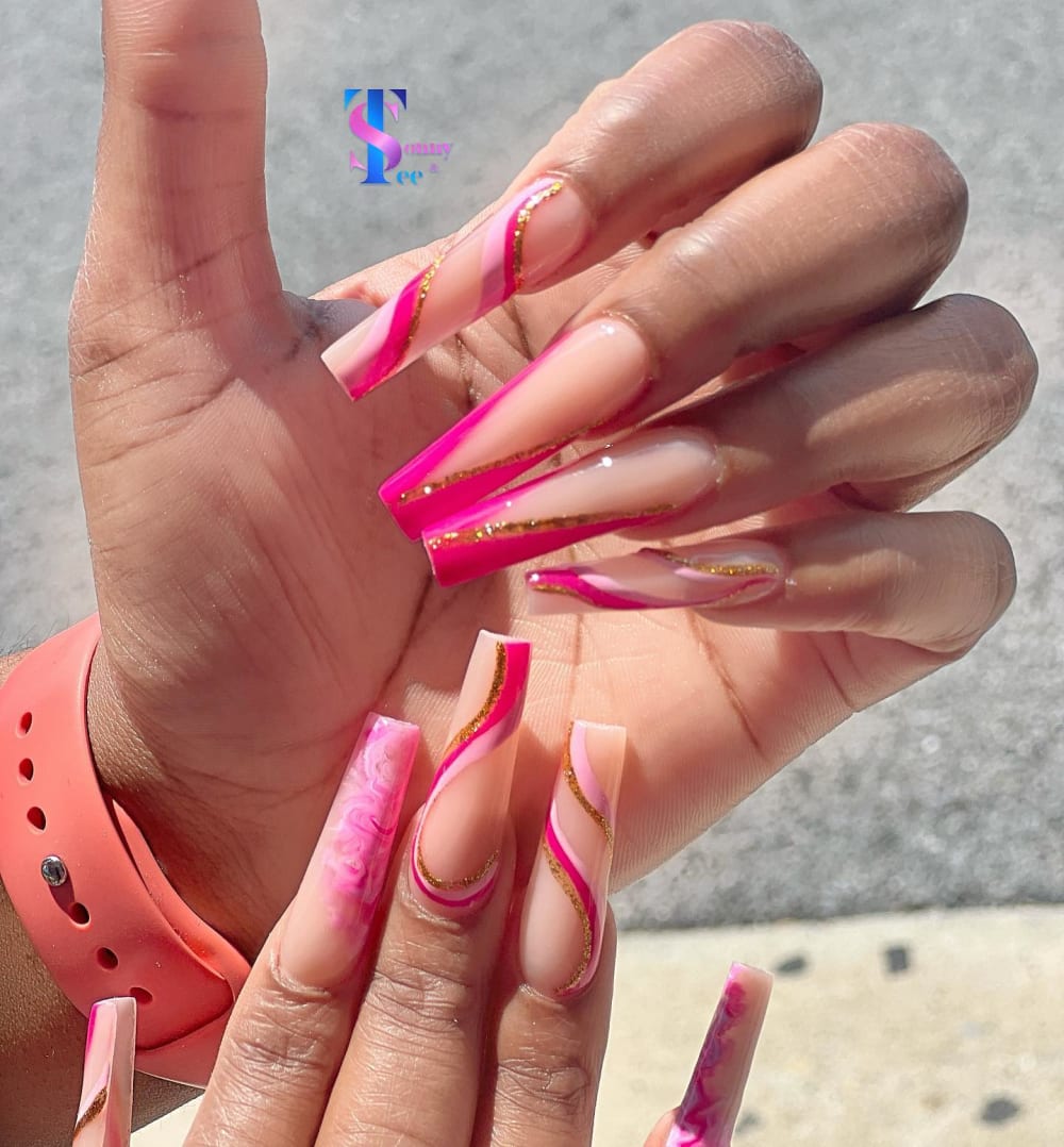 pink and nude nail art and glitter nails, coffin shape — nail salon in Rome, GA — Sonny & Tee