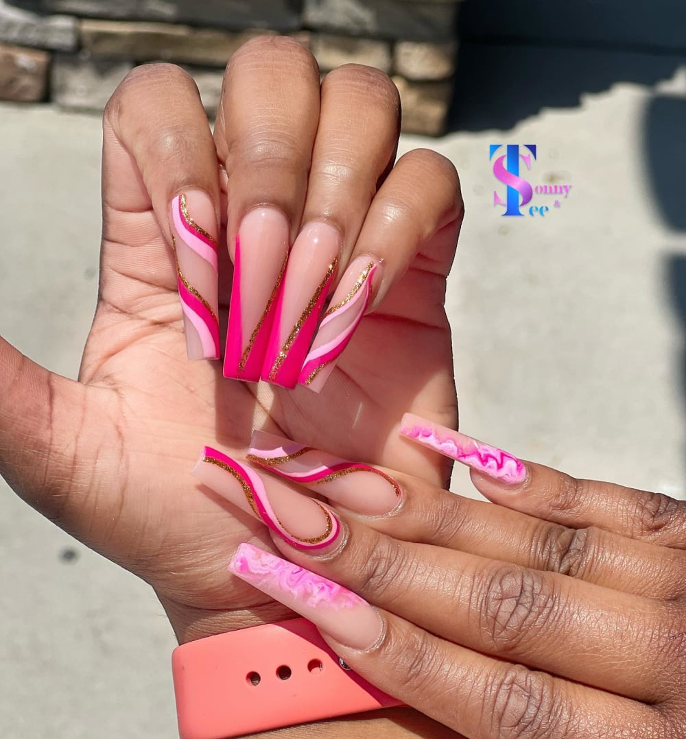 pink and nude nail art and glitter nails, coffin shape — nail salon in Rome, GA — Sonny & Tee