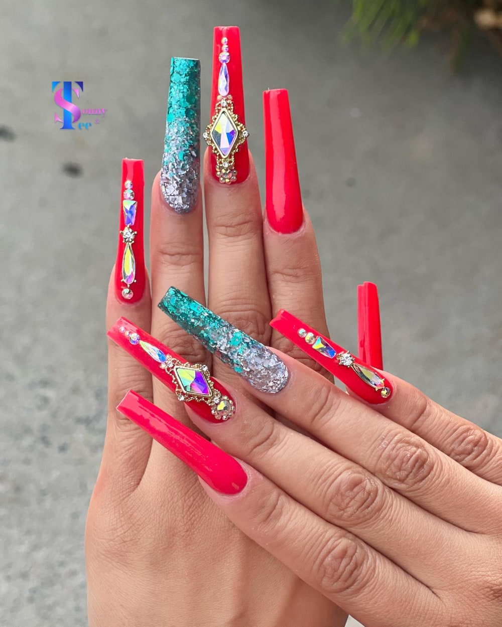 red and green 3D, glitter and chrome nails, coffin shape — nail salon in Rome, GA — Sonny & Tee