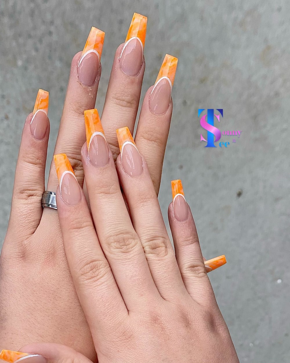 nude and white french and nail art nails, square shape — nail salon in Rome, GA — Sonny & Tee