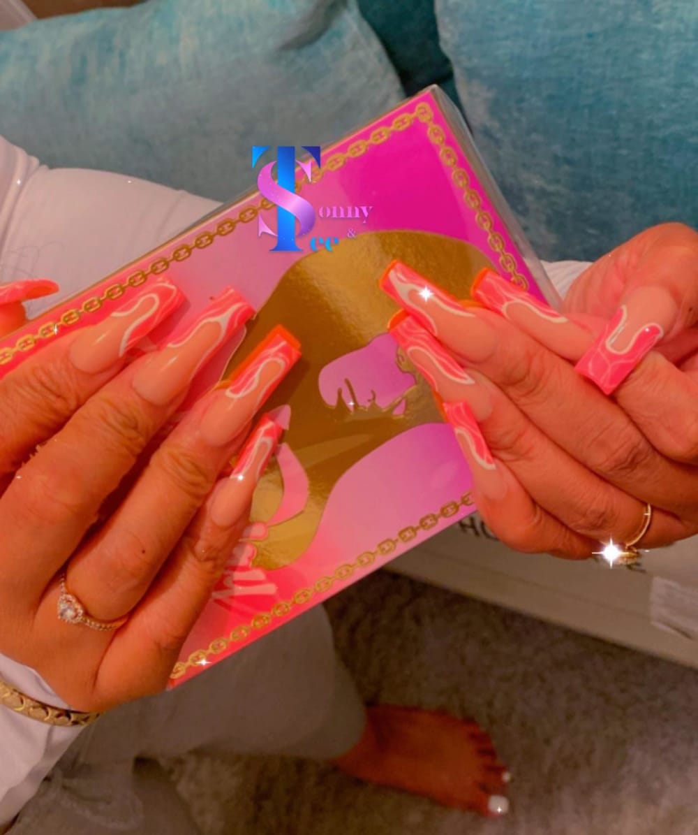 pink and nude nail art nails, coffin shape — nail salon in Rome, GA — Sonny & Tee