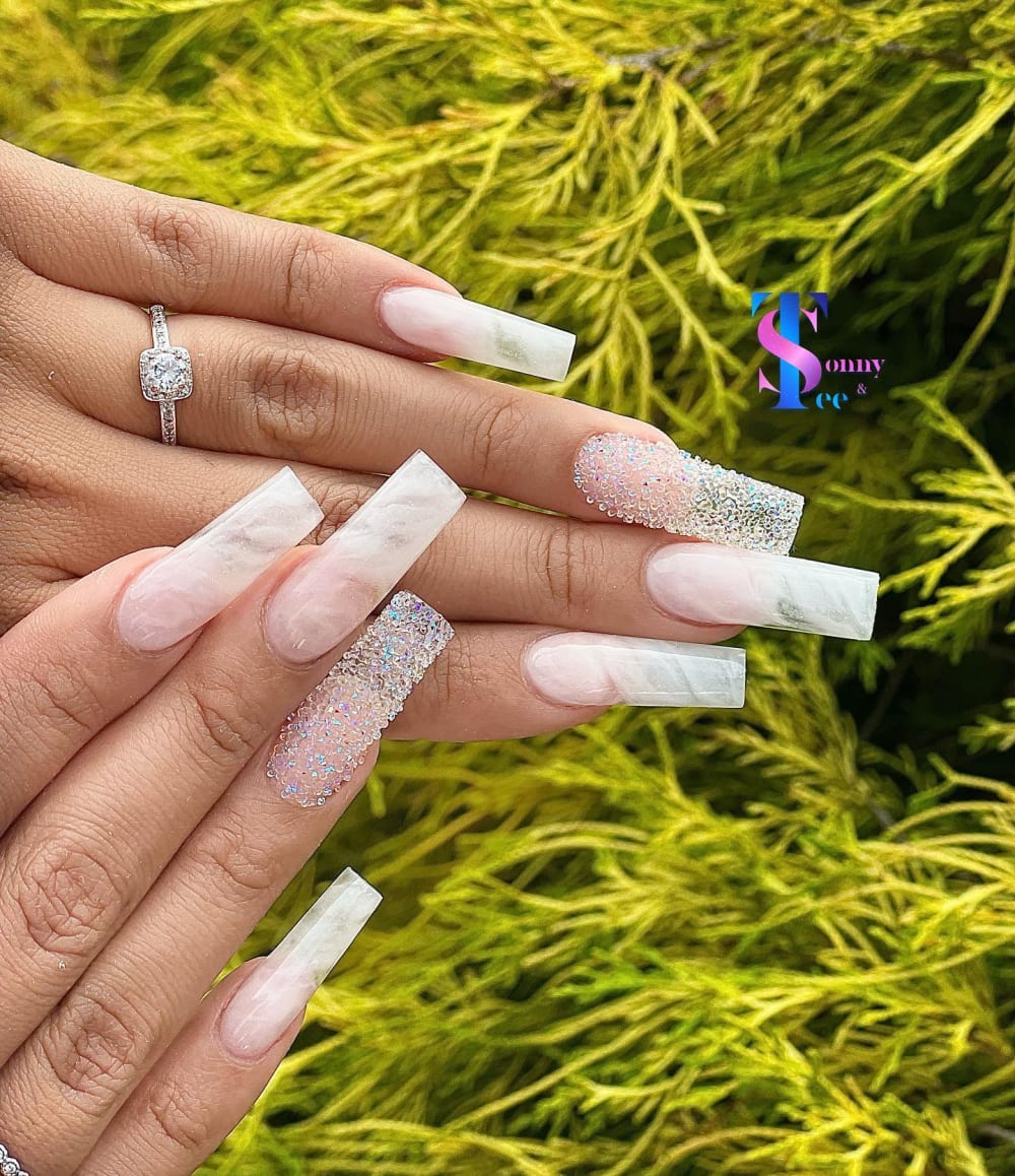 white and nude nail art, glitter and ombré nails, coffin shape — nail salon in Rome, GA — Sonny & Tee