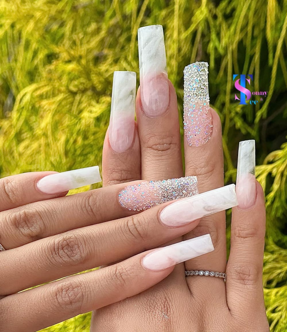 white and nude nail art, glitter and ombré nails, coffin shape — nail salon in Rome, GA — Sonny & Tee