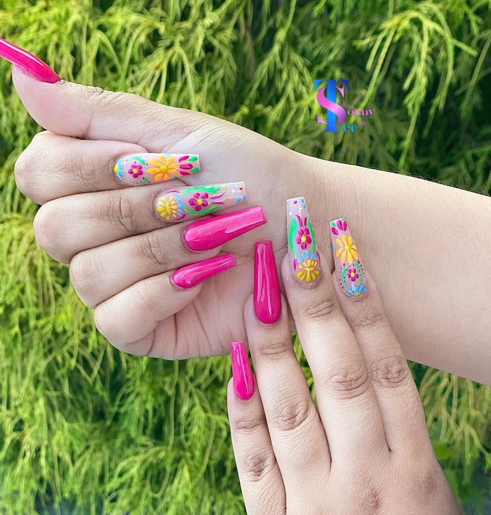 pink and green nail art nails, coffin shape — nail salon in Rome, GA — Sonny & Tee