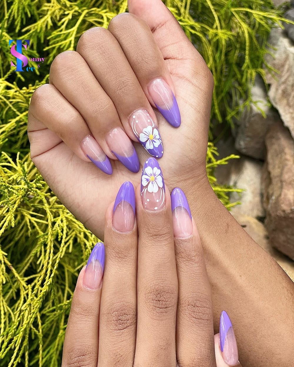 white and nude french and nail art nails, almond shape — nail salon in Rome, GA — Sonny & Tee