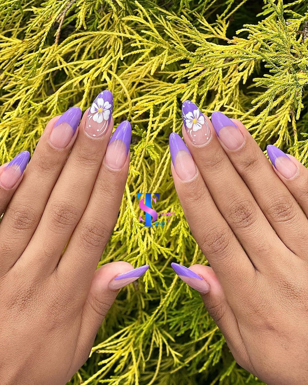 white and nude french and nail art nails, almond shape — nail salon in Rome, GA — Sonny & Tee