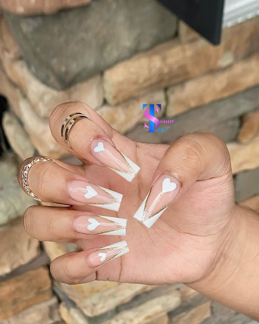 white and nude french and nail art nails, coffin shape — nail salon in Rome, GA — Sonny & Tee