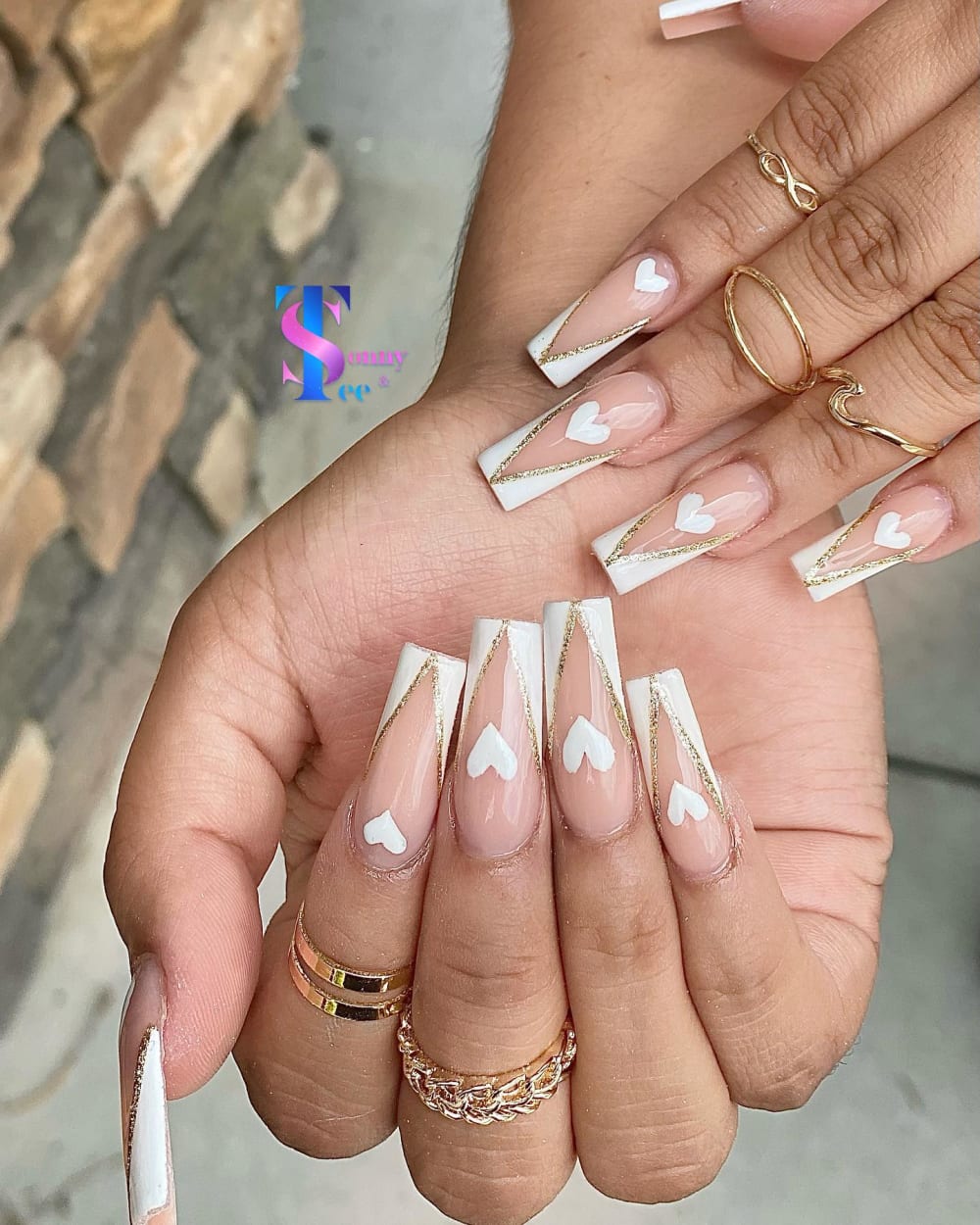 white and nude french and nail art nails, coffin shape — nail salon in Rome, GA — Sonny & Tee