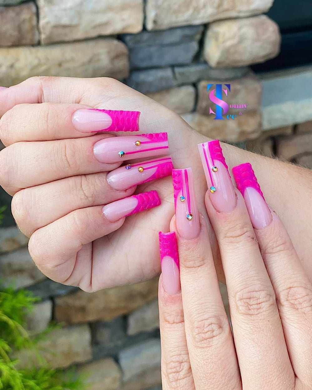 pink and nude french and nail art nails, square shape — nail salon in Rome, GA — Sonny & Tee