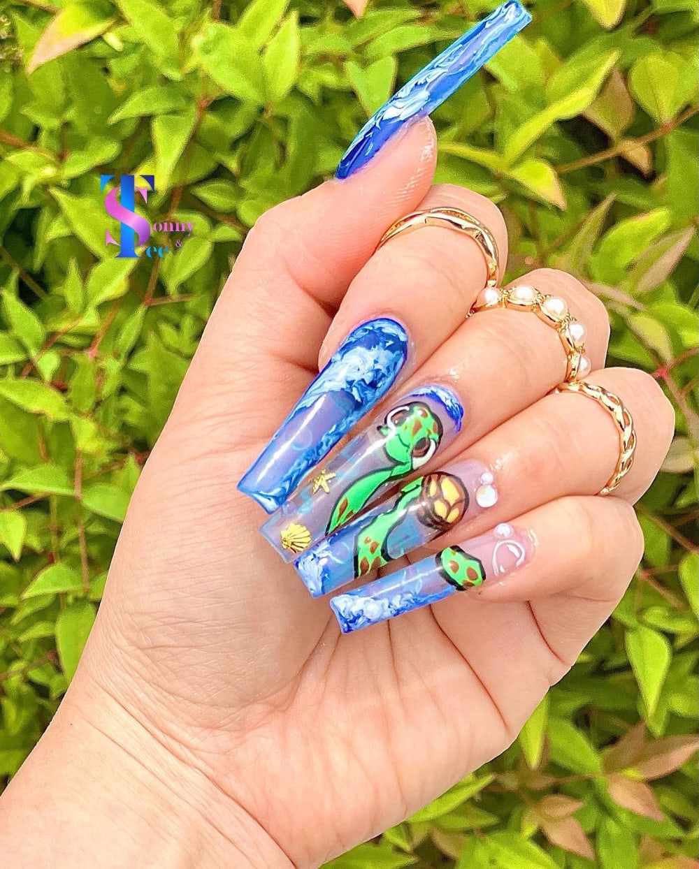 blue and green nail art nails, coffin shape — nail salon in Rome, GA — Sonny & Tee