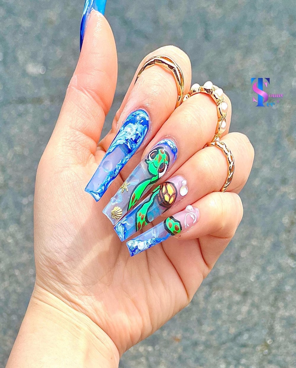 blue and green nail art nails, coffin shape — nail salon in Rome, GA — Sonny & Tee