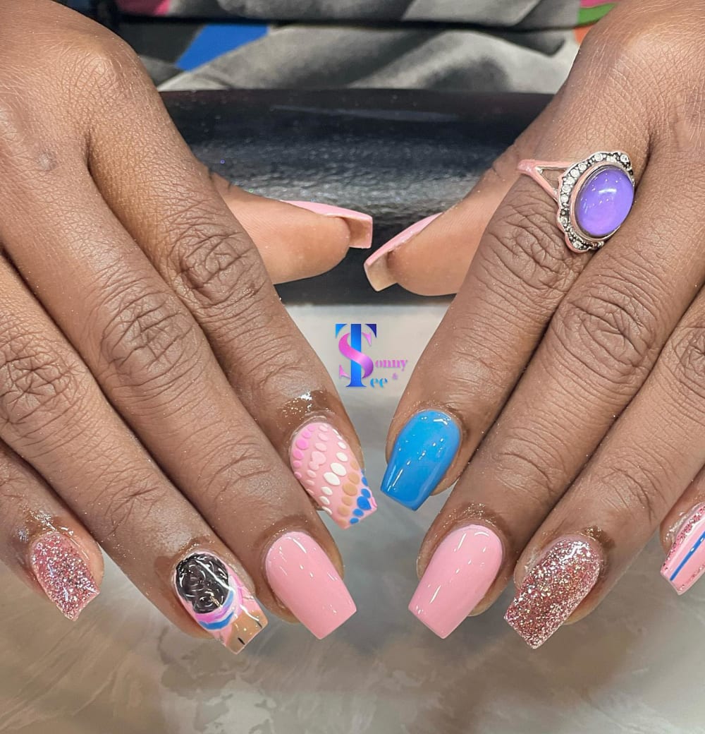 pink and blue nail art and glitter nails, coffin shape — nail salon in Rome, GA — Sonny & Tee