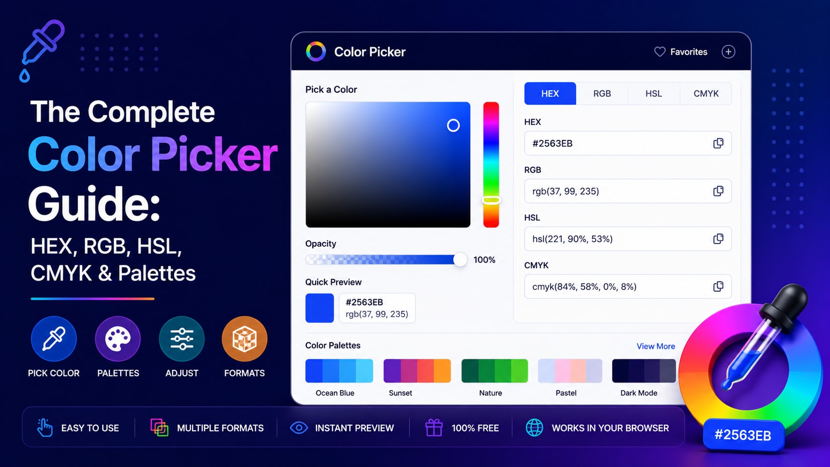 The Complete Color Picker Guide: HEX, RGB, HSL, CMYK & Palettes