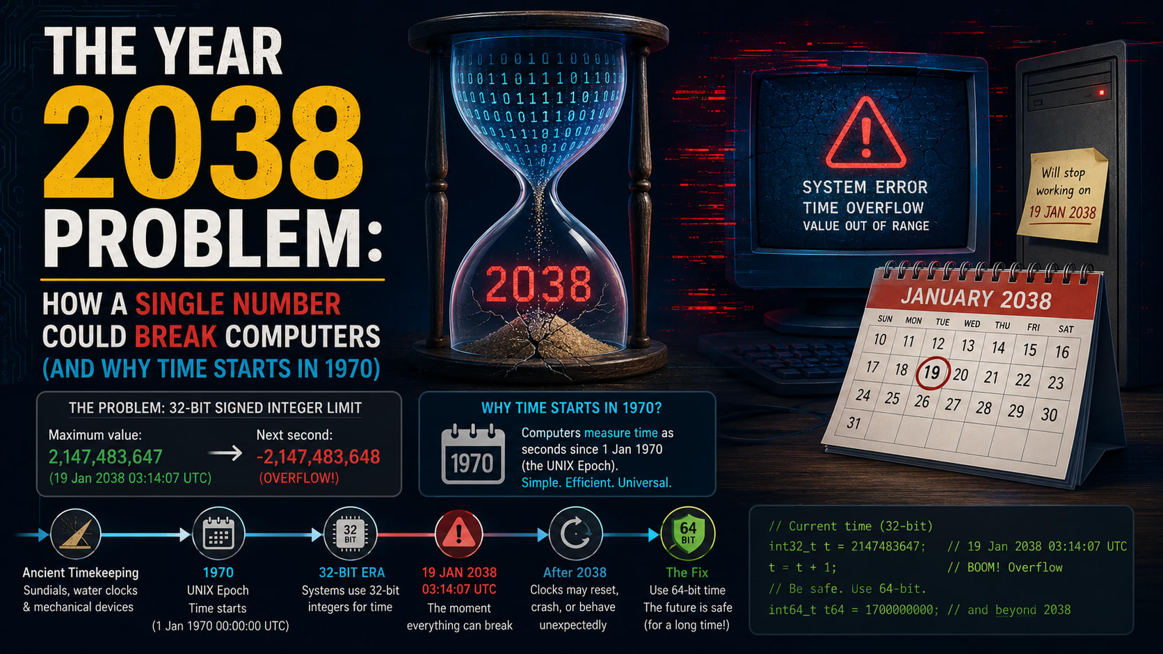 The Year 2038 Problem: How a Single Number Could Break Computers (and Why Time Starts in 1970)