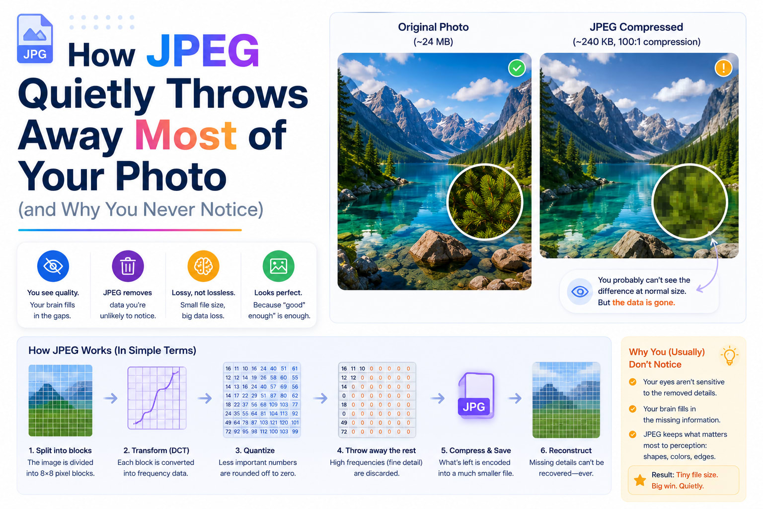 How JPEG Quietly Throws Away Most of Your Photo (and Why You Never Notice)