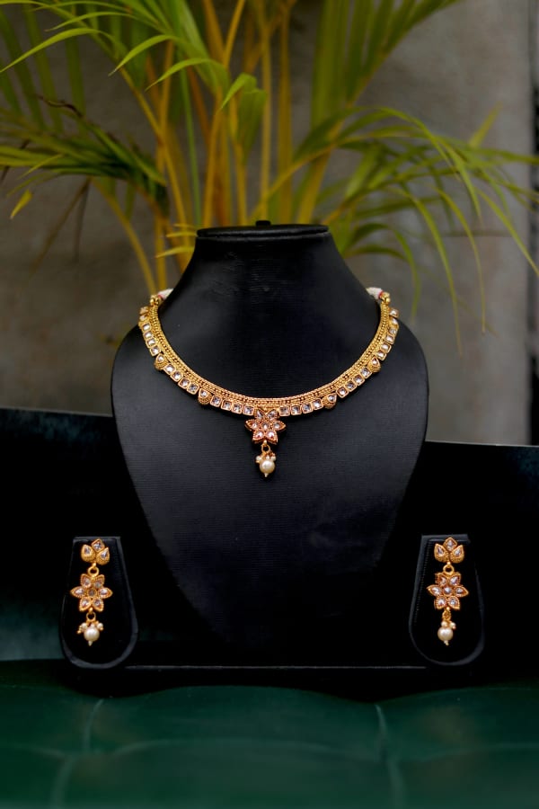 Gold-Plated Floral AD Necklace Set with Square Stones & Pearl Drop Earrings