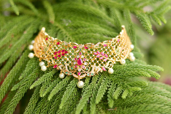 Gold-Plated Ruby & Emerald AD Choker Set with Pearls – Bridal Temple Design