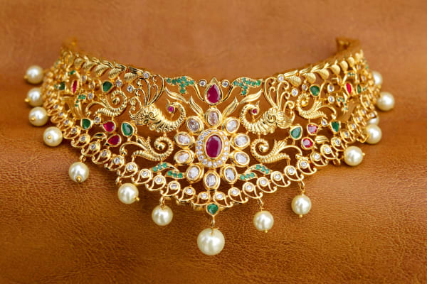 Gold-Plated Ruby Emerald AD Bridal Choker Set with Pearl Drops & Jhumkas