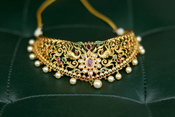 Gold-Plated Ruby AD Bridal Choker Necklace Set with Pearls & Jhumka Earrings