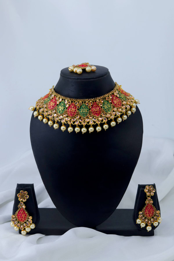 Gold-Plated Kundan Choker Set with Red-Green Enamel Drops & Pearl Hanging