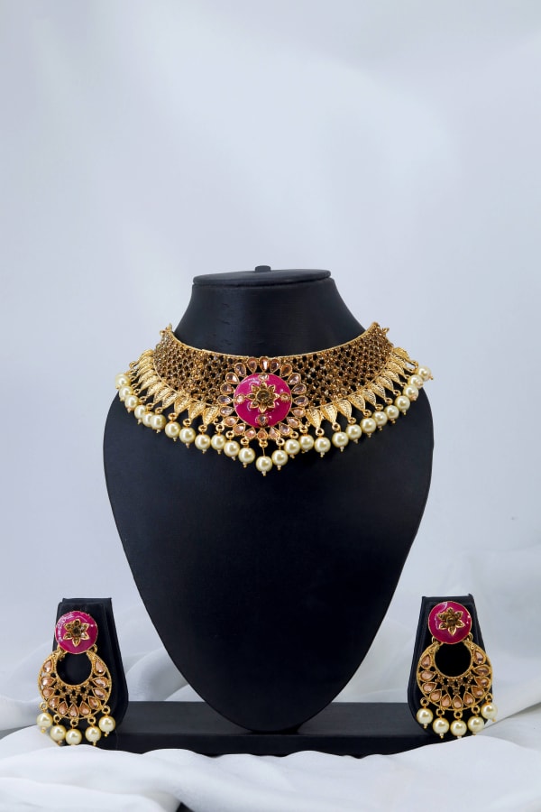 Gold-Plated Choker Necklace Set with Pink Centre Motif, Kundan & Pearl Drops