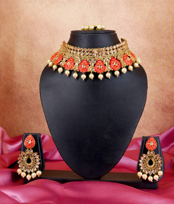 Red Enamel Kundan Choker Set with Pearls, Matching Earrings & Maangtika