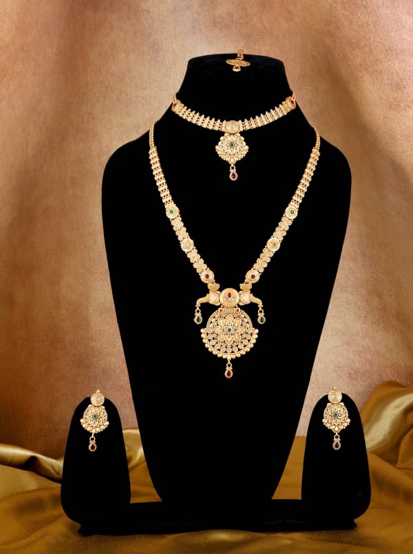 Temple-Style Long Rani Haar & Choker Set with Ruby–Emerald Stones, Earrings & Maangtika