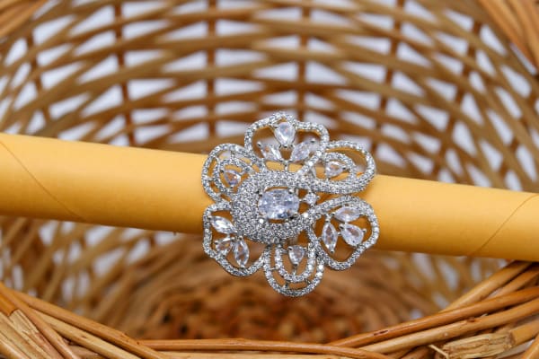 CZ Stone Floral Cocktail Ring with Open-Work Design & Adjustable Fit (Silver Variant)