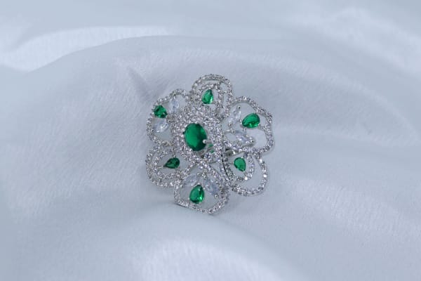 CZ Stone Floral Cocktail Ring with Open-Work Design & Adjustable Fit (Green Variant)