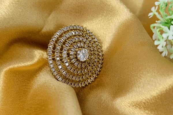 Round CZ Halo Cocktail Ring with Fine Gold Finish & Adjustable Fit (Gold Variant)