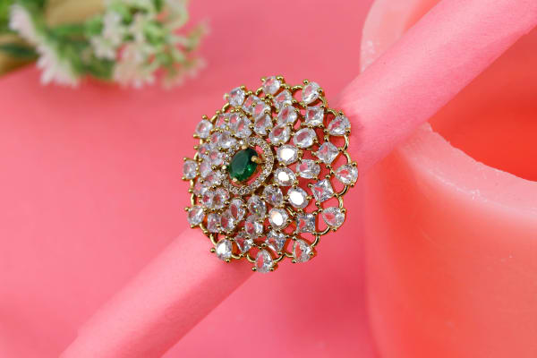 Premium Emerald-Center Kundan Statement Ring – Adjustable Size